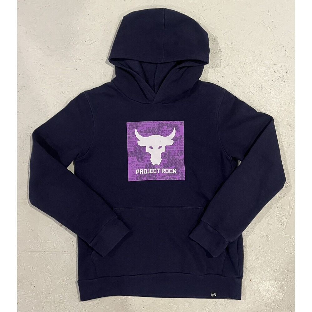 Under Armour‎ Project Rock Hoodie Boys Youth Large Blue Sweatshirt Pullover Logo